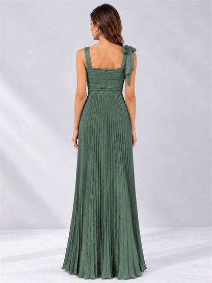 Square Neck A-Line Pleated Satin Sleeveless Floor-Length Wedding Guest Dress