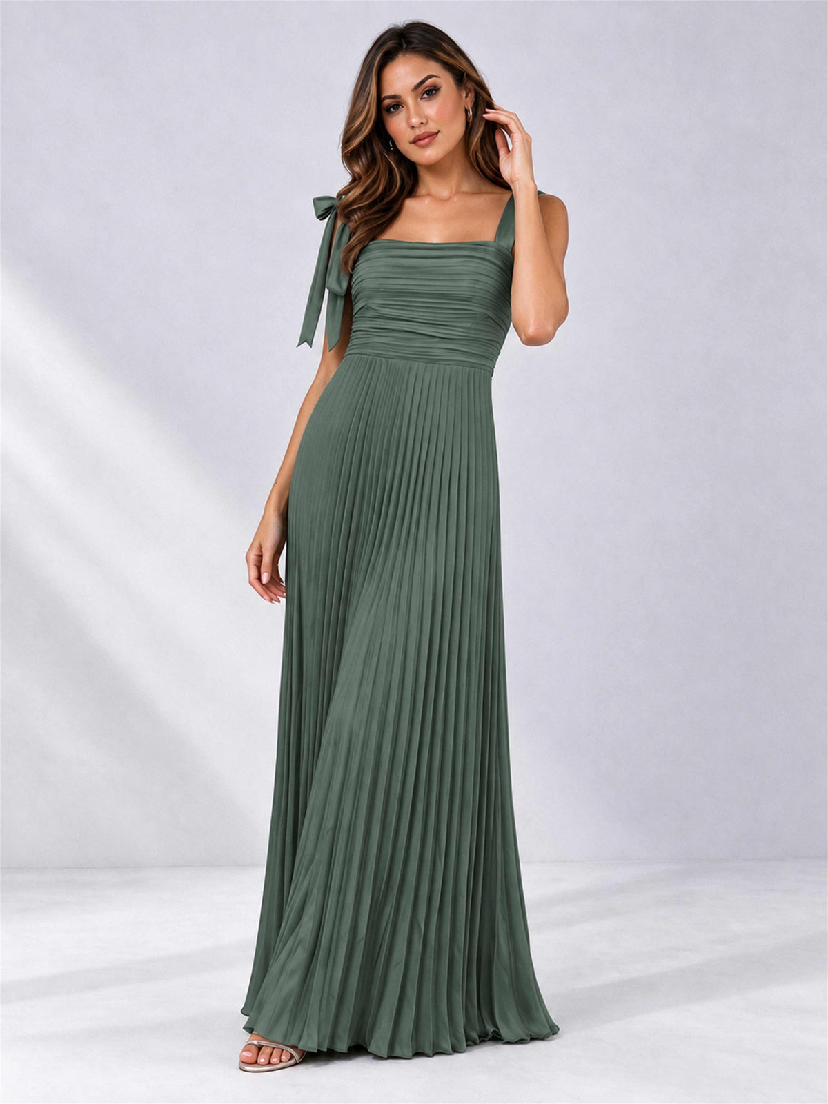 Square Neck A-Line Pleated Satin Sleeveless Floor-Length Wedding Guest Dress