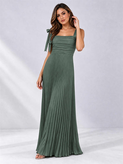 Square Neck A-Line Pleated Satin Sleeveless Floor-Length Wedding Guest Dress