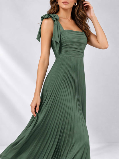 Square Neck A-Line Pleated Satin Sleeveless Floor-Length Wedding Guest Dress