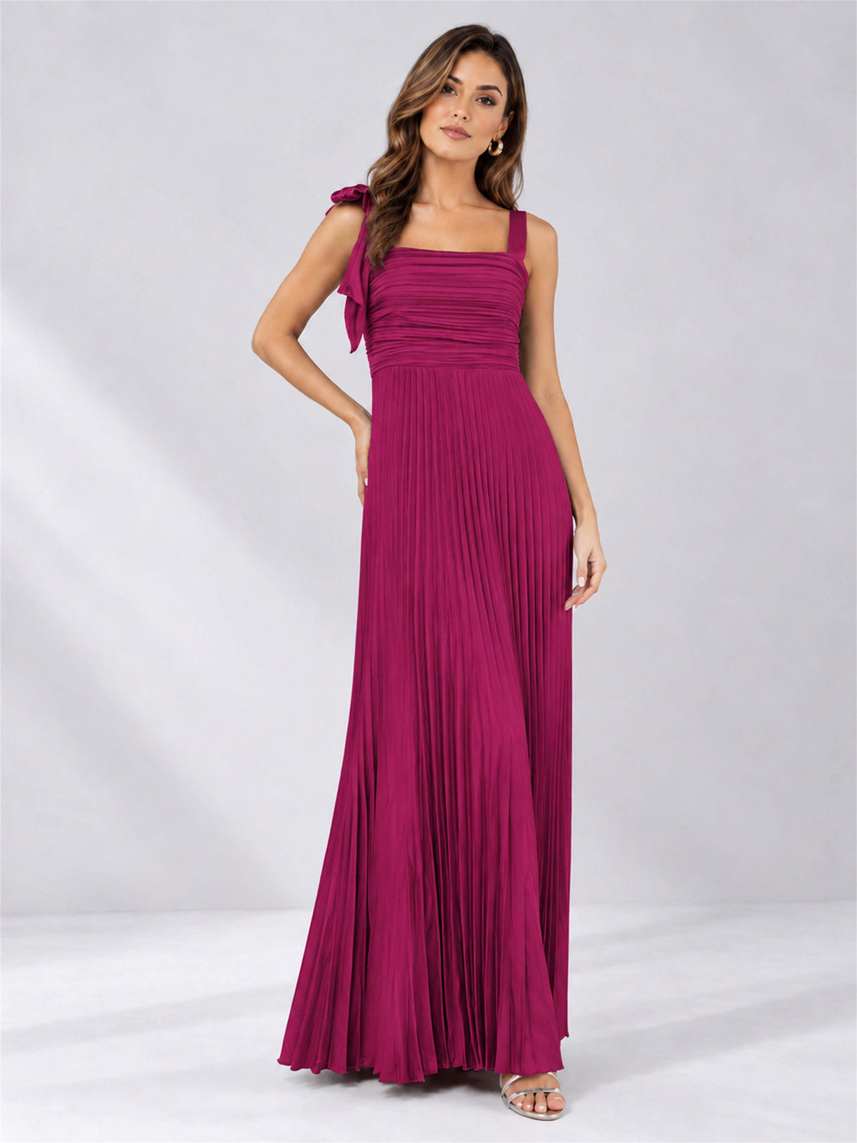 Square Neck A-Line Pleated Satin Sleeveless Floor-Length Wedding Guest Dress