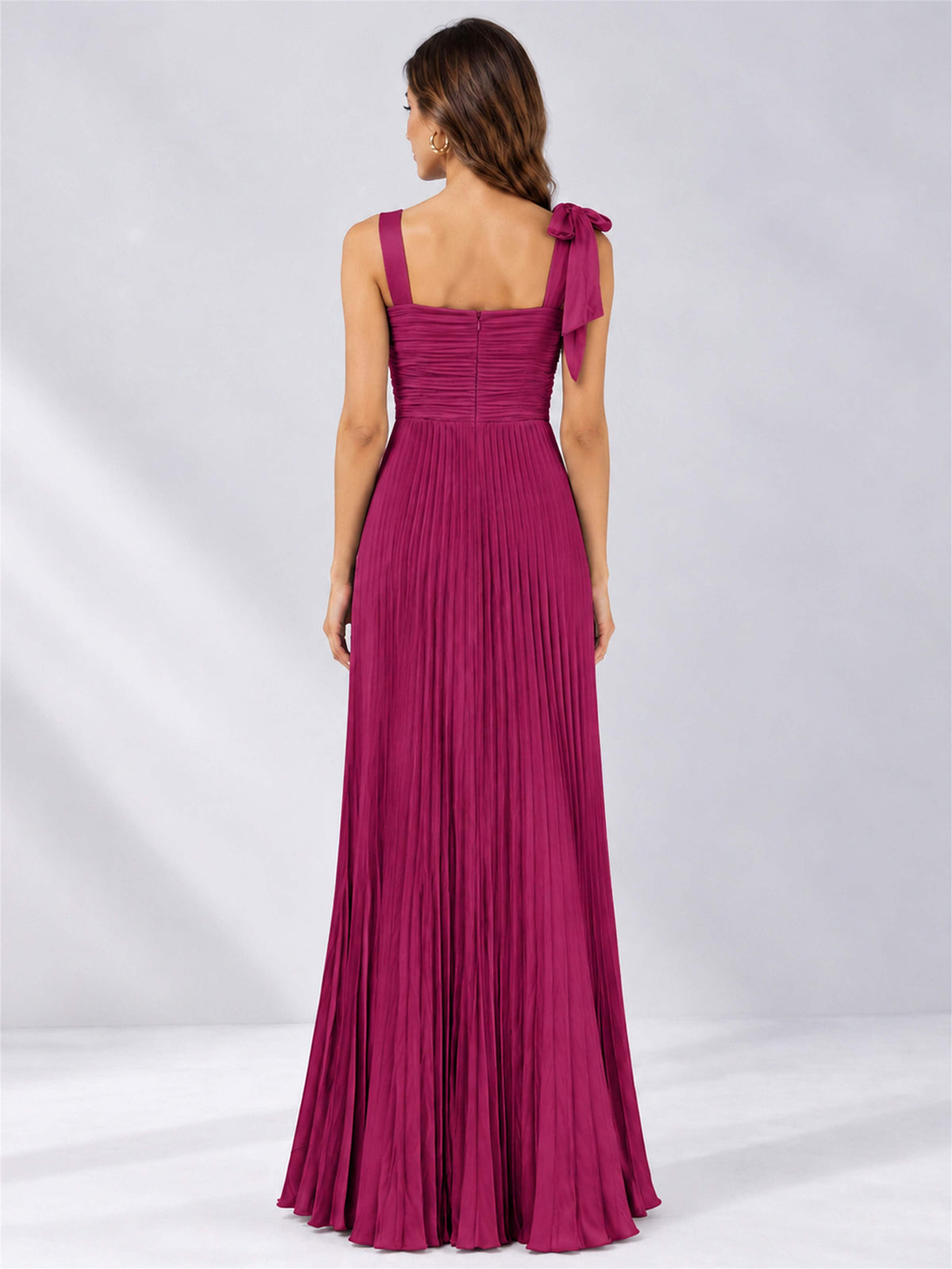 Square Neck A-Line Pleated Satin Sleeveless Floor-Length Wedding Guest Dress