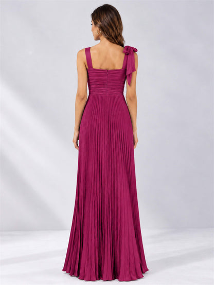Square Neck A-Line Pleated Satin Sleeveless Floor-Length Wedding Guest Dress