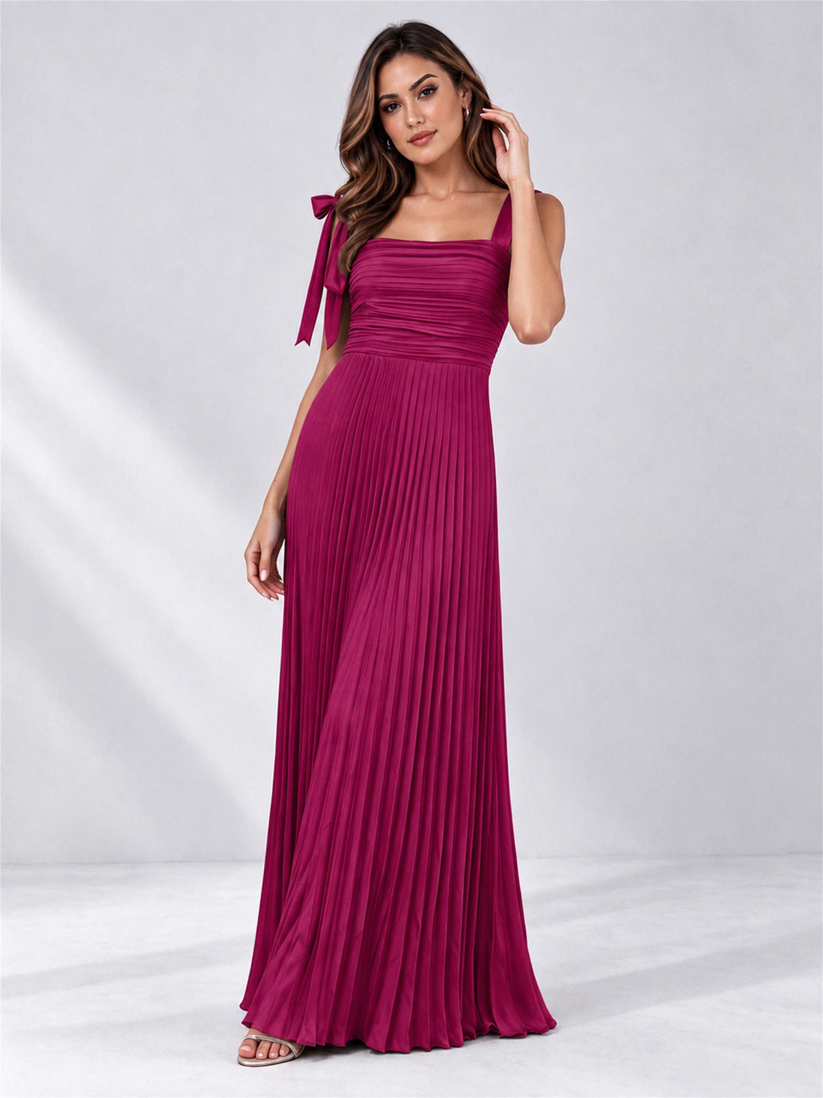Square Neck A-Line Pleated Satin Sleeveless Floor-Length Wedding Guest Dress