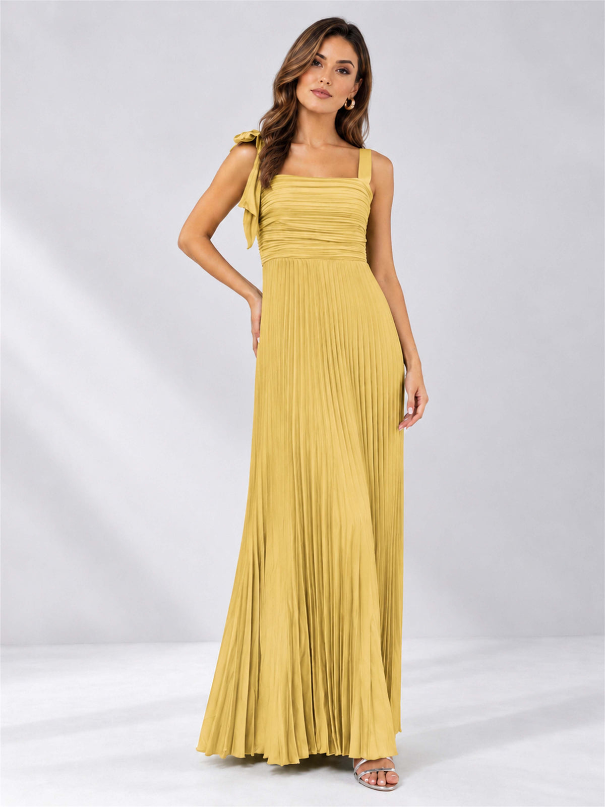 Square Neck A-Line Pleated Satin Sleeveless Floor-Length Wedding Guest Dress