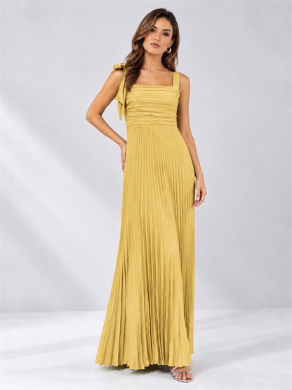 Square Neck A-Line Pleated Satin Sleeveless Floor-Length Wedding Guest Dress