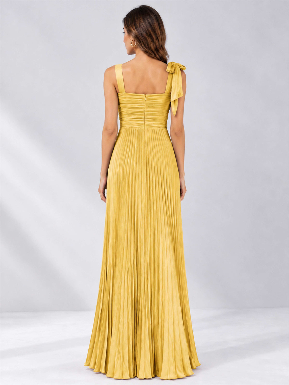 Square Neck A-Line Pleated Satin Sleeveless Floor-Length Wedding Guest Dress