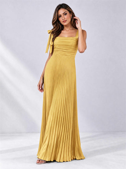 Square Neck A-Line Pleated Satin Sleeveless Floor-Length Wedding Guest Dress