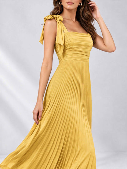 Square Neck A-Line Pleated Satin Sleeveless Floor-Length Wedding Guest Dress