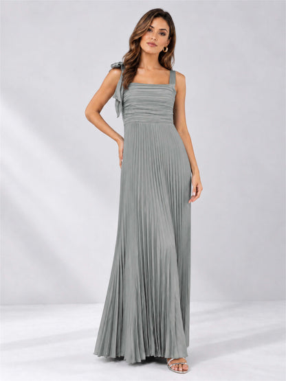 Square Neck A-Line Pleated Satin Sleeveless Floor-Length Wedding Guest Dress