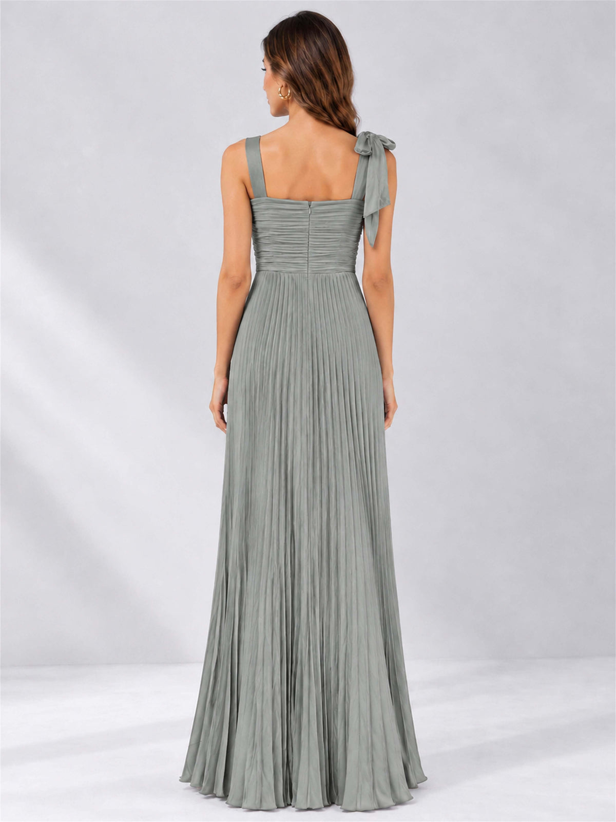Square Neck A-Line Pleated Satin Sleeveless Floor-Length Wedding Guest Dress
