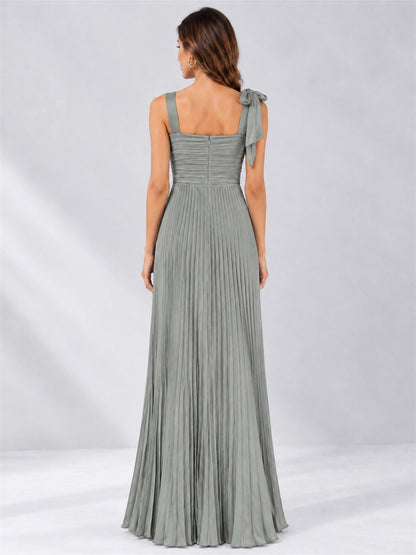 Square Neck A-Line Pleated Satin Sleeveless Floor-Length Wedding Guest Dress