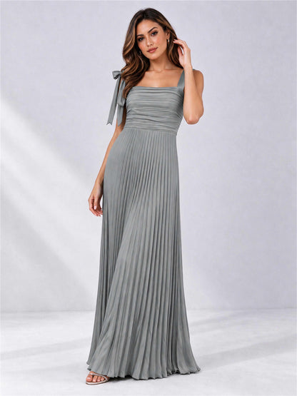 Square Neck A-Line Pleated Satin Sleeveless Floor-Length Wedding Guest Dress