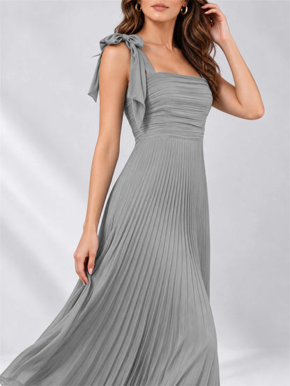Square Neck A-Line Pleated Satin Sleeveless Floor-Length Wedding Guest Dress