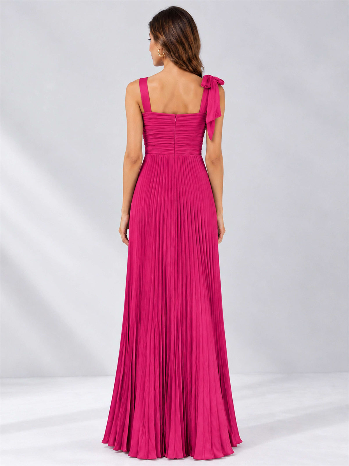 Square Neck A-Line Pleated Satin Sleeveless Floor-Length Wedding Guest Dress