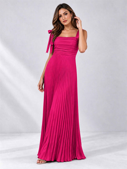 Square Neck A-Line Pleated Satin Sleeveless Floor-Length Wedding Guest Dress
