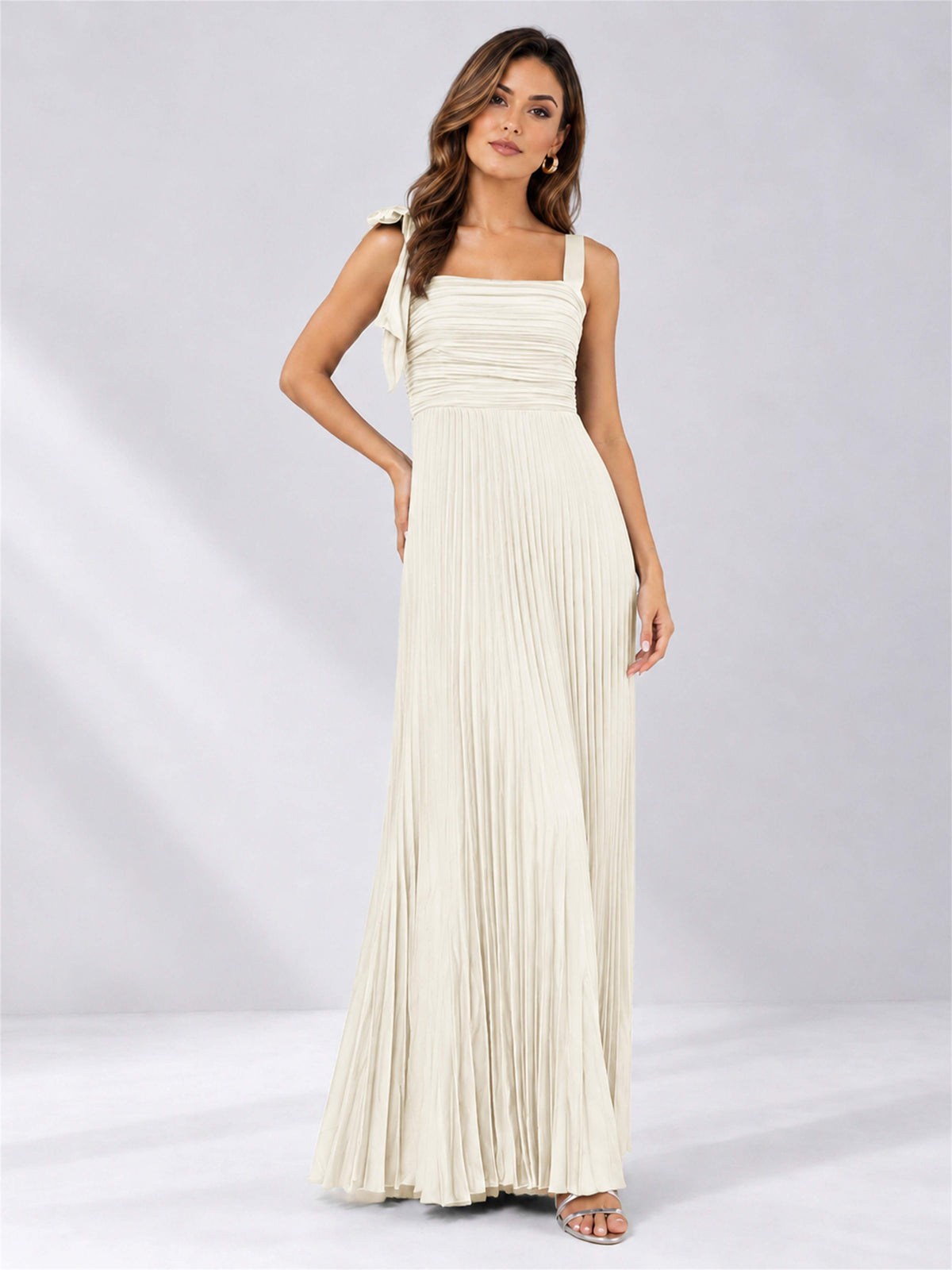 Square Neck A-Line Pleated Satin Sleeveless Floor-Length Wedding Guest Dress