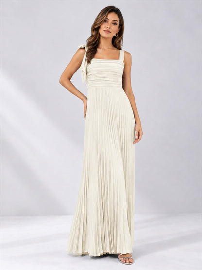 Square Neck A-Line Pleated Satin Sleeveless Floor-Length Wedding Guest Dress