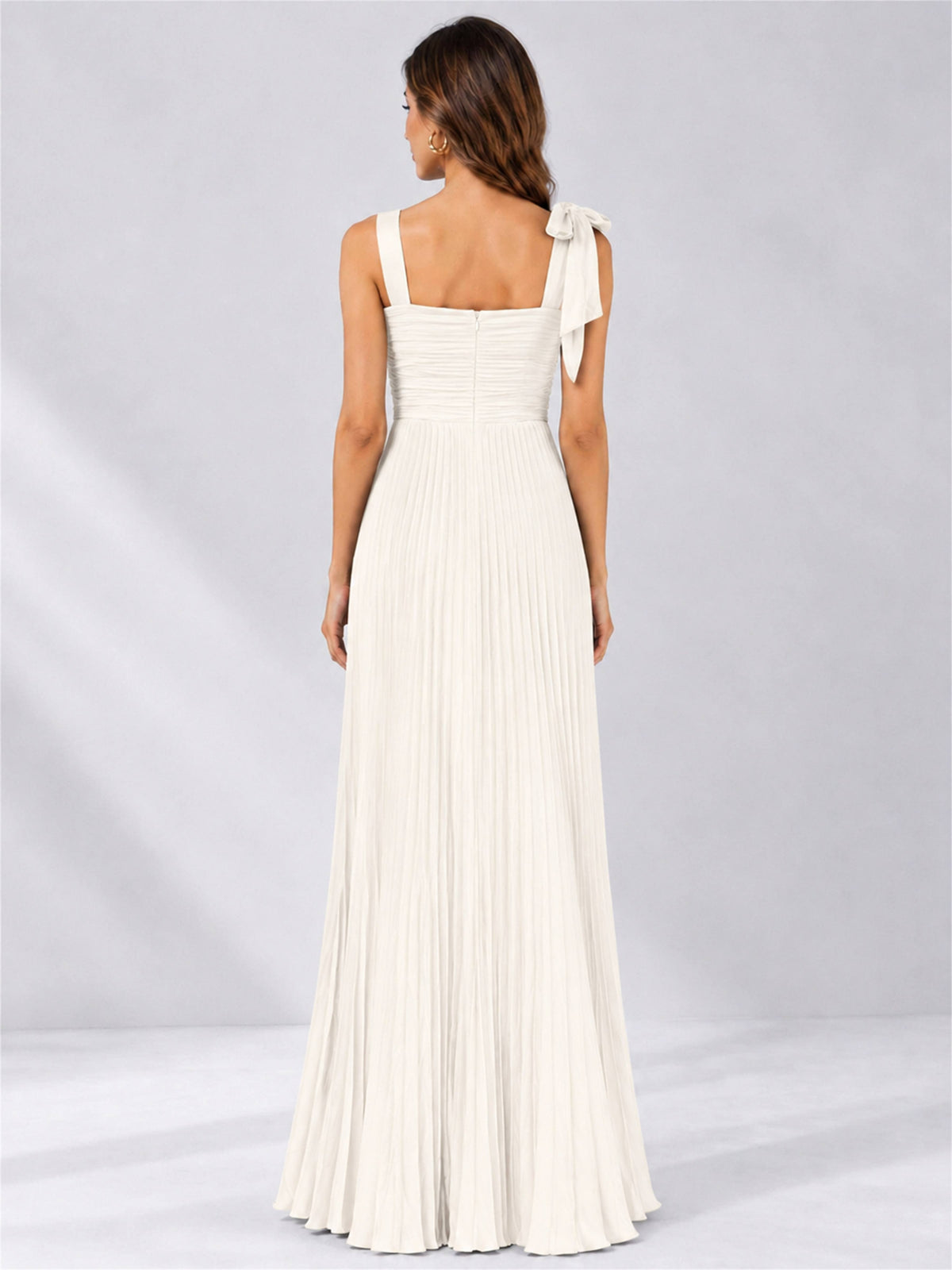 Square Neck A-Line Pleated Satin Sleeveless Floor-Length Wedding Guest Dress