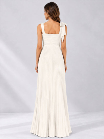 Square Neck A-Line Pleated Satin Sleeveless Floor-Length Wedding Guest Dress