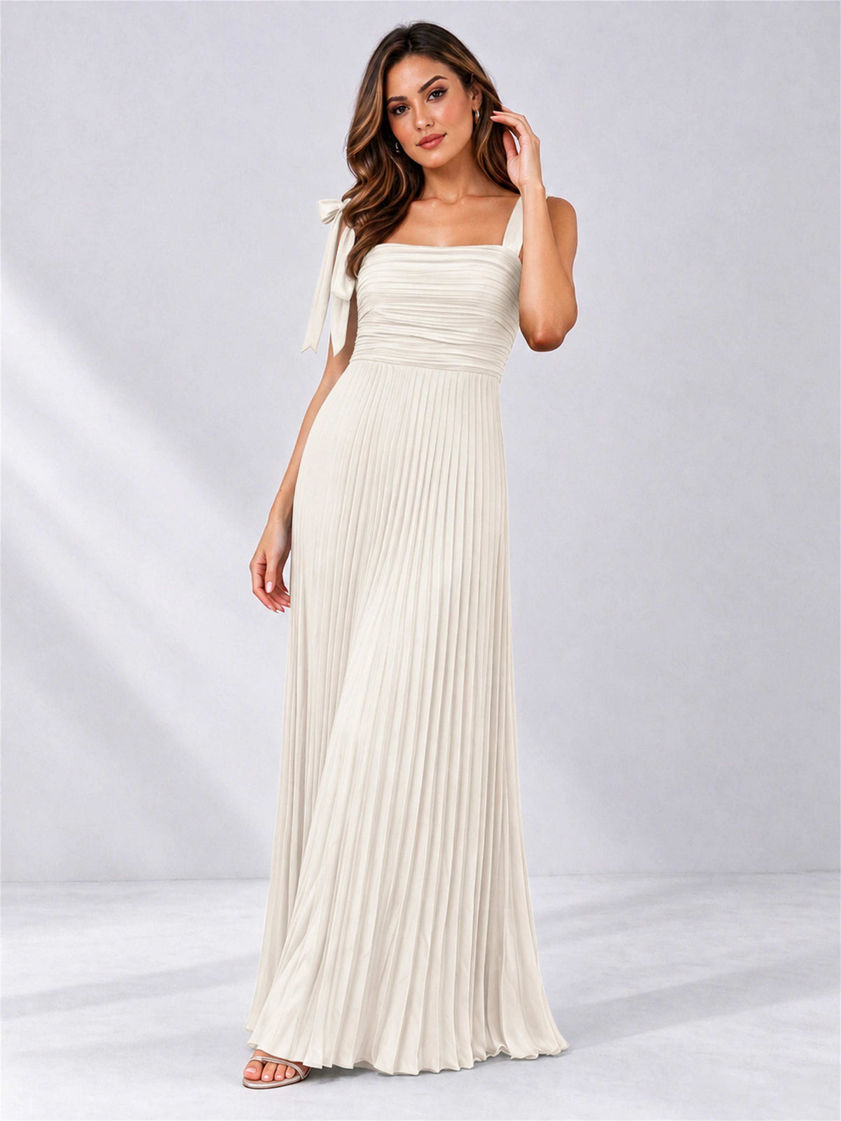 Square Neck A-Line Pleated Satin Sleeveless Floor-Length Wedding Guest Dress