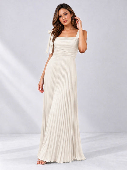 Square Neck A-Line Pleated Satin Sleeveless Floor-Length Wedding Guest Dress