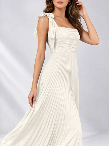 Square Neck A-Line Pleated Satin Sleeveless Floor-Length Wedding Guest Dress