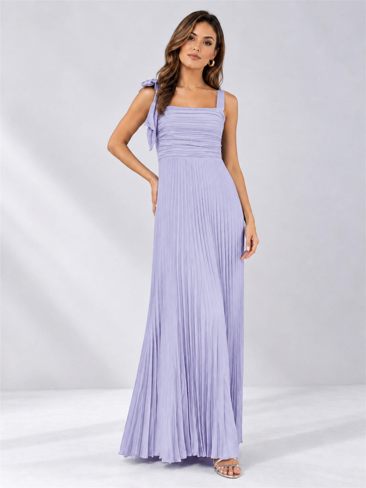 Square Neck A-Line Pleated Satin Sleeveless Floor-Length Wedding Guest Dress