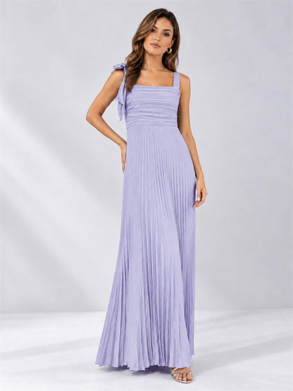 Square Neck A-Line Pleated Satin Sleeveless Floor-Length Wedding Guest Dress