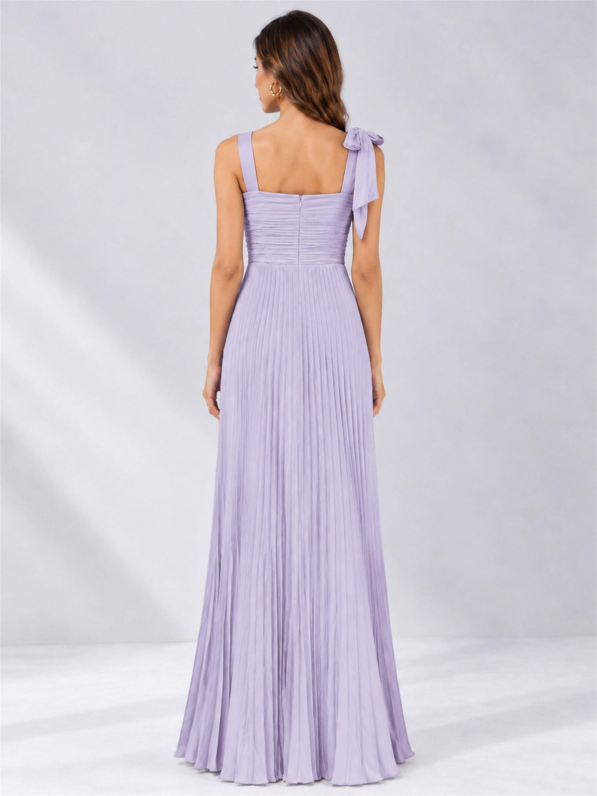 Square Neck A-Line Pleated Satin Sleeveless Floor-Length Wedding Guest Dress