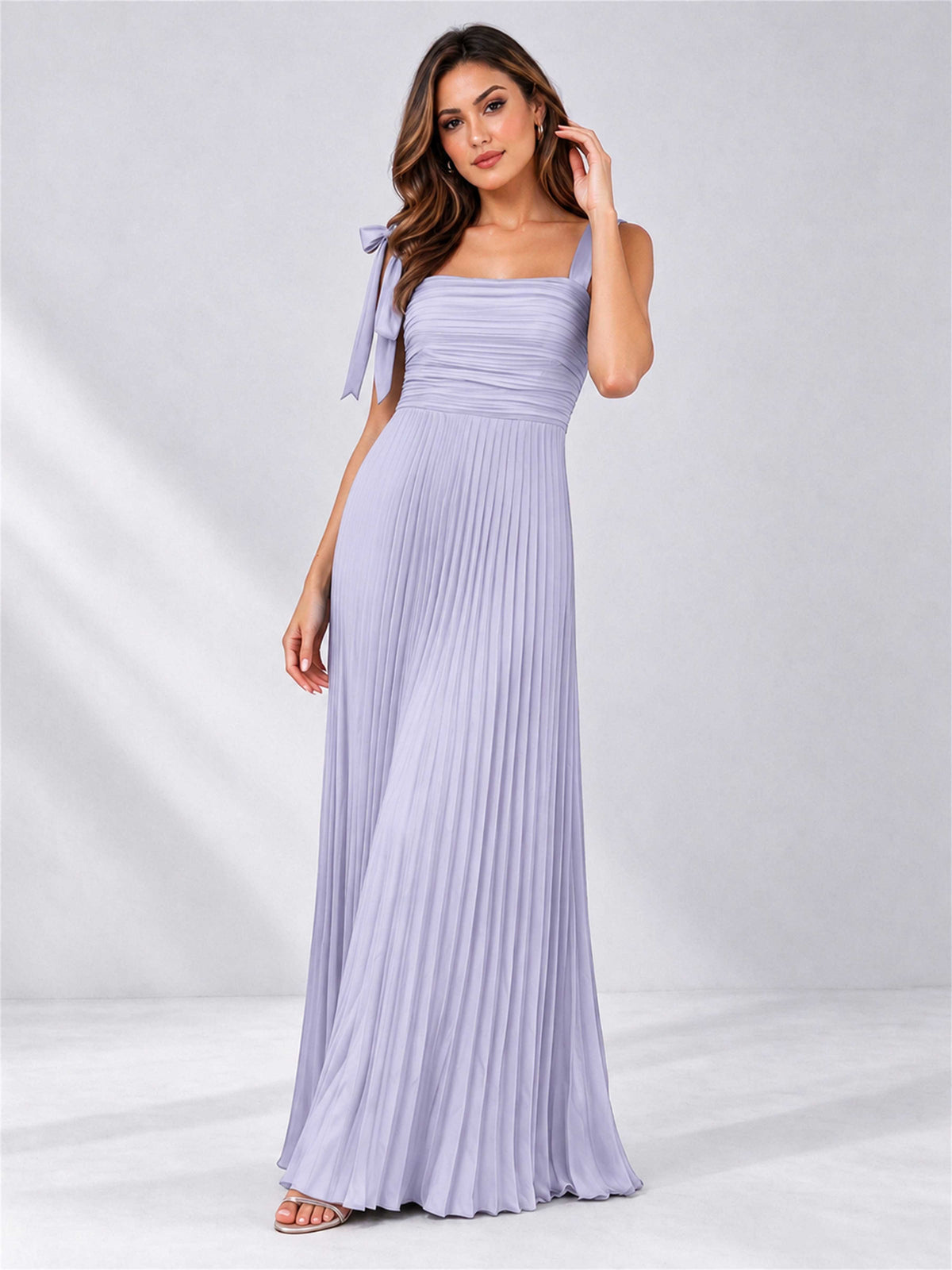 Square Neck A-Line Pleated Satin Sleeveless Floor-Length Wedding Guest Dress
