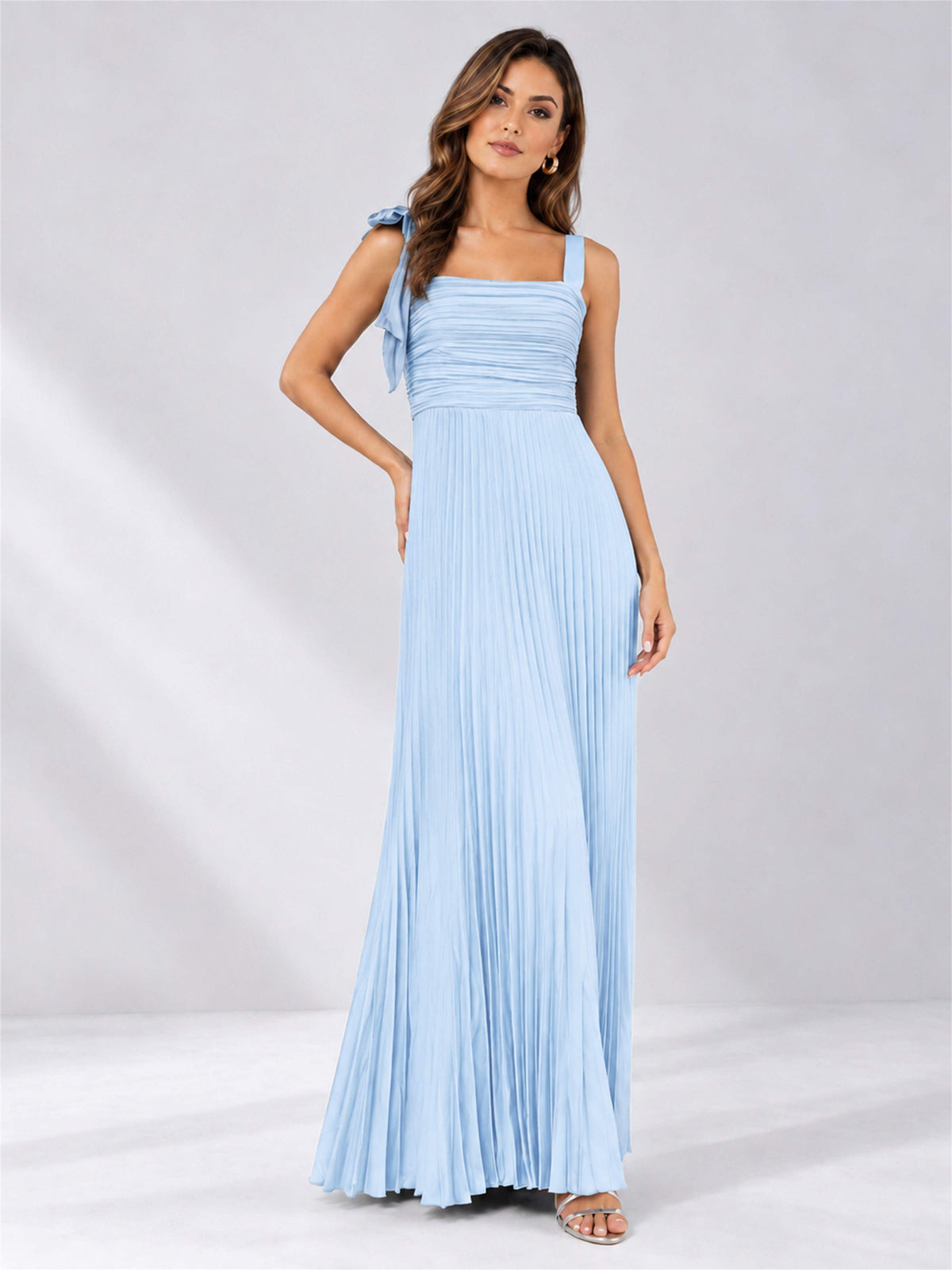Square Neck A-Line Pleated Satin Sleeveless Floor-Length Wedding Guest Dress