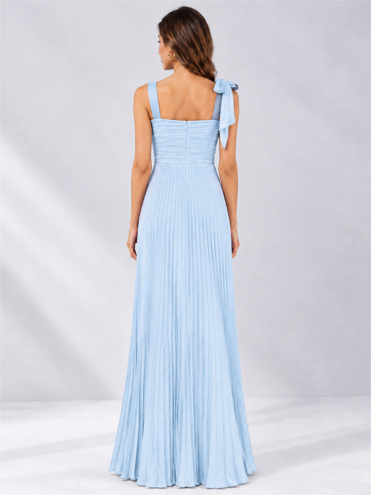 Square Neck A-Line Pleated Satin Sleeveless Floor-Length Wedding Guest Dress