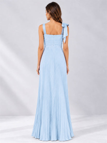 Square Neck A-Line Pleated Satin Sleeveless Floor-Length Wedding Guest Dress