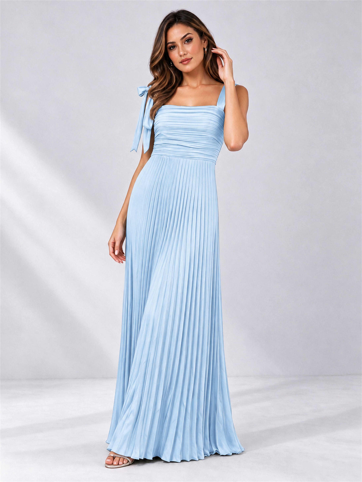 Square Neck A-Line Pleated Satin Sleeveless Floor-Length Wedding Guest Dress