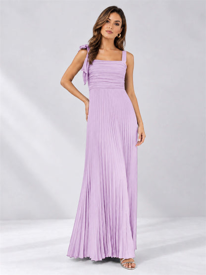 Square Neck A-Line Pleated Satin Sleeveless Floor-Length Wedding Guest Dress