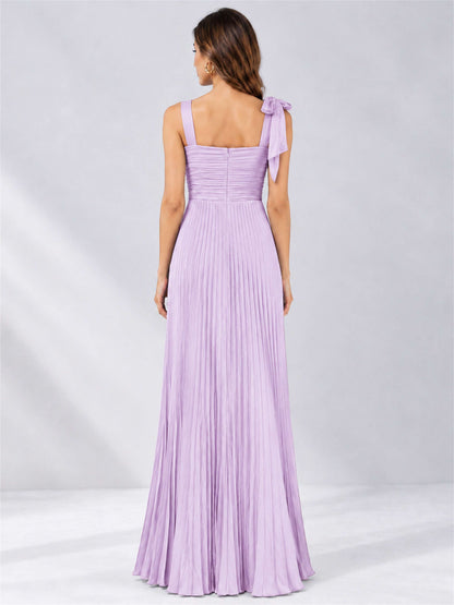 Square Neck A-Line Pleated Satin Sleeveless Floor-Length Wedding Guest Dress