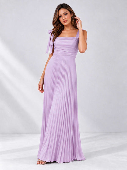 Square Neck A-Line Pleated Satin Sleeveless Floor-Length Wedding Guest Dress