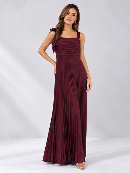 Square Neck A-Line Pleated Satin Sleeveless Floor-Length Wedding Guest Dress