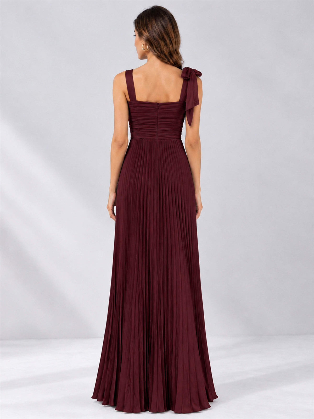Square Neck A-Line Pleated Satin Sleeveless Floor-Length Wedding Guest Dress