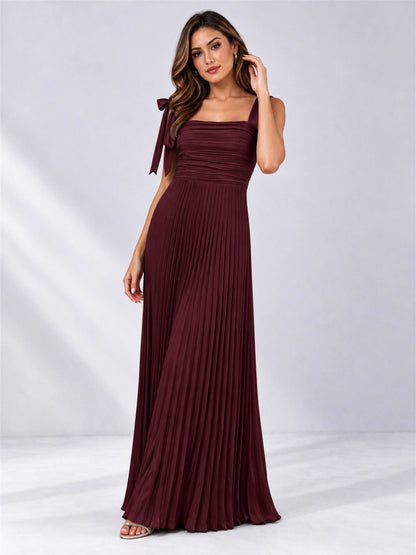 Square Neck A-Line Pleated Satin Sleeveless Floor-Length Wedding Guest Dress