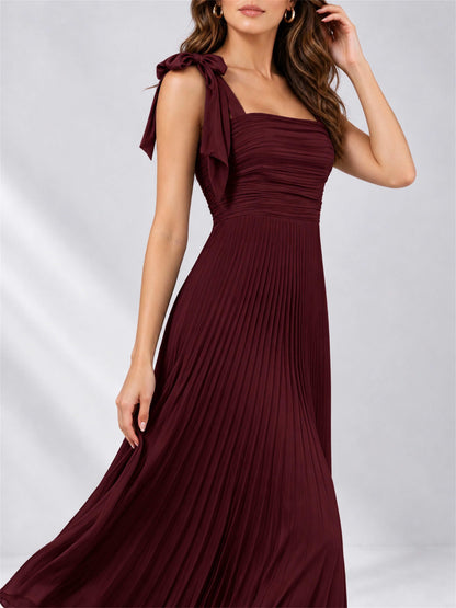 Square Neck A-Line Pleated Satin Sleeveless Floor-Length Wedding Guest Dress