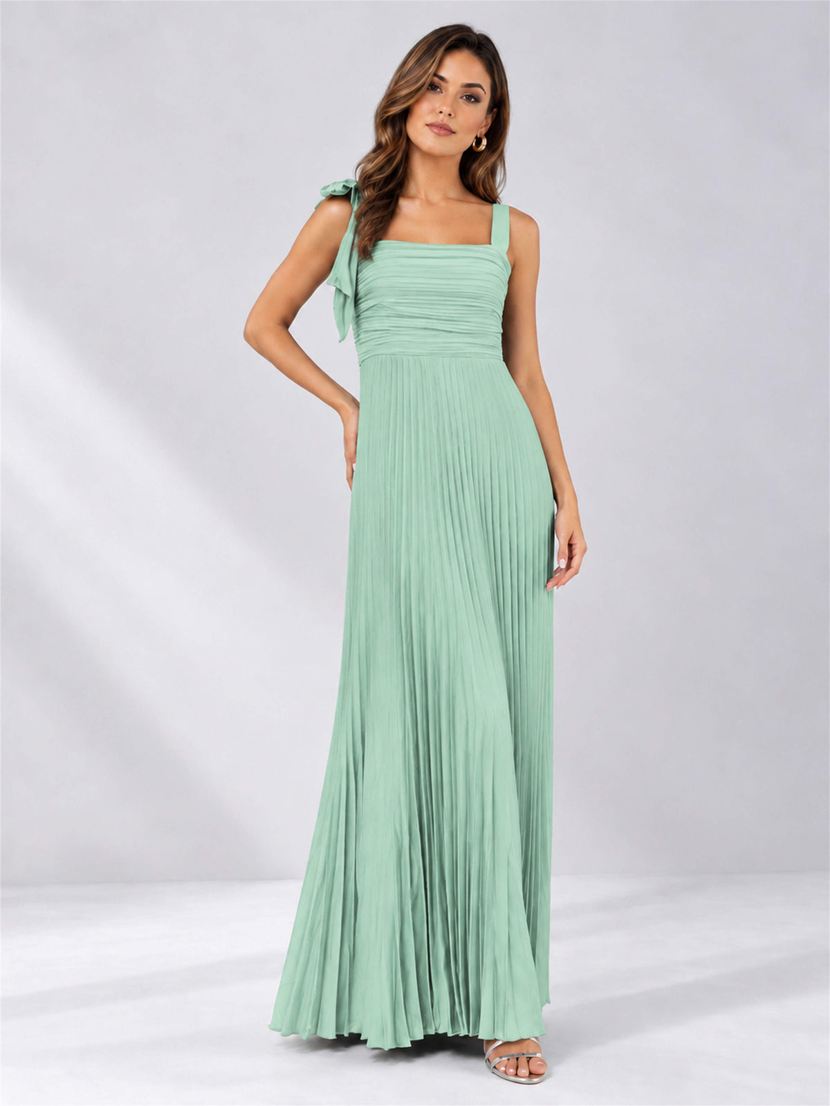 Square Neck A-Line Pleated Satin Sleeveless Floor-Length Wedding Guest Dress