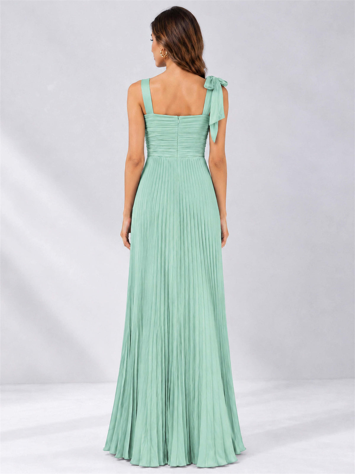 Square Neck A-Line Pleated Satin Sleeveless Floor-Length Wedding Guest Dress
