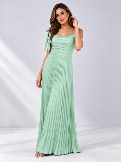 Square Neck A-Line Pleated Satin Sleeveless Floor-Length Wedding Guest Dress