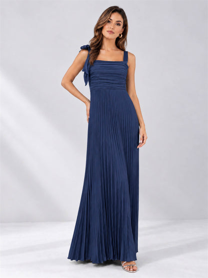 Square Neck A-Line Pleated Satin Sleeveless Floor-Length Wedding Guest Dress