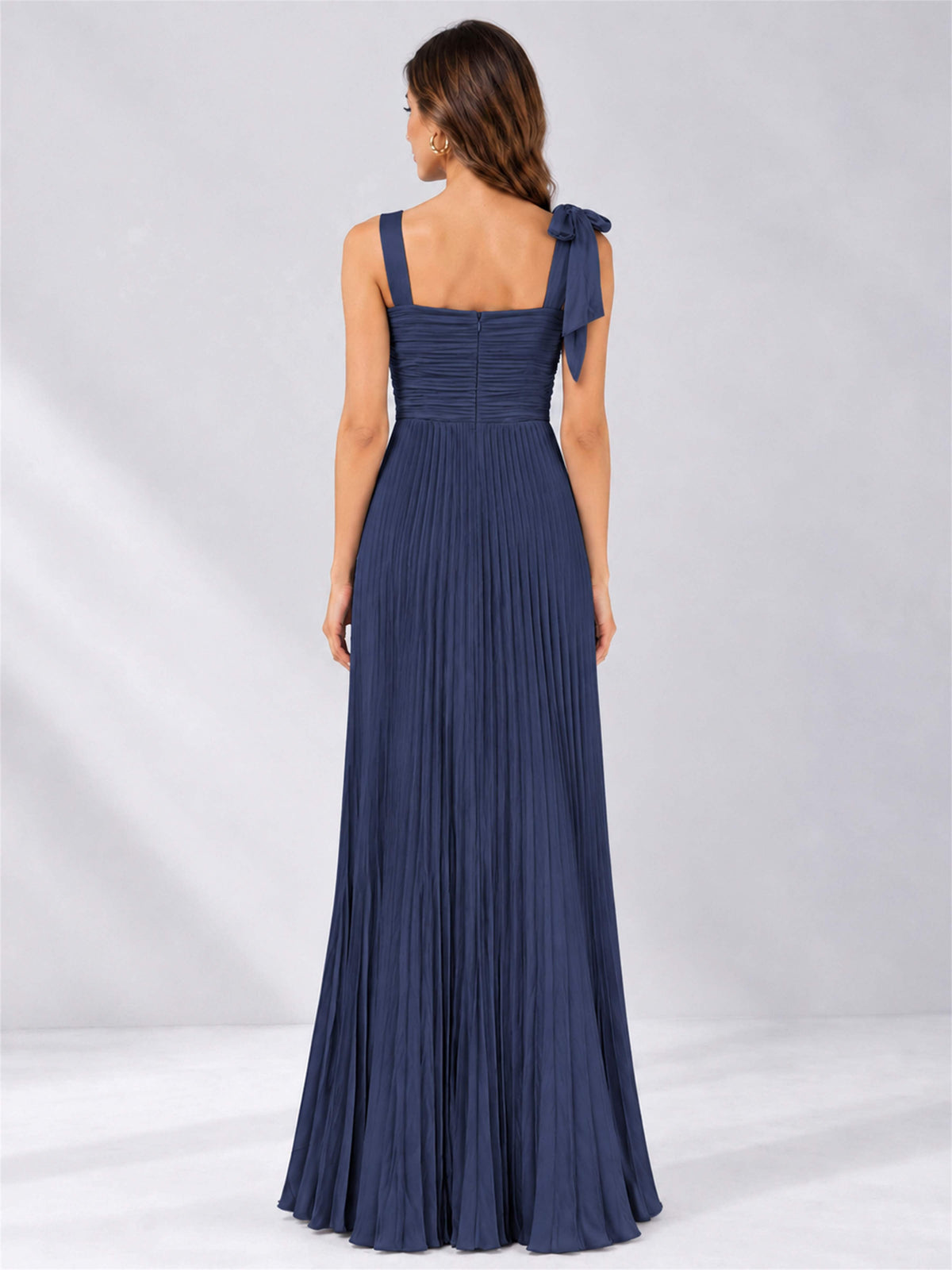 Square Neck A-Line Pleated Satin Sleeveless Floor-Length Wedding Guest Dress