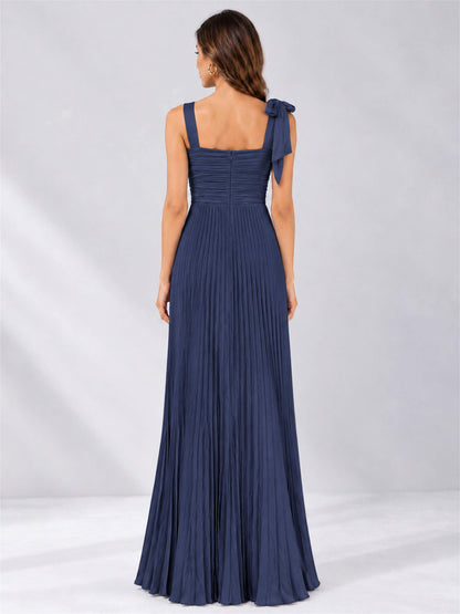 Square Neck A-Line Pleated Satin Sleeveless Floor-Length Wedding Guest Dress