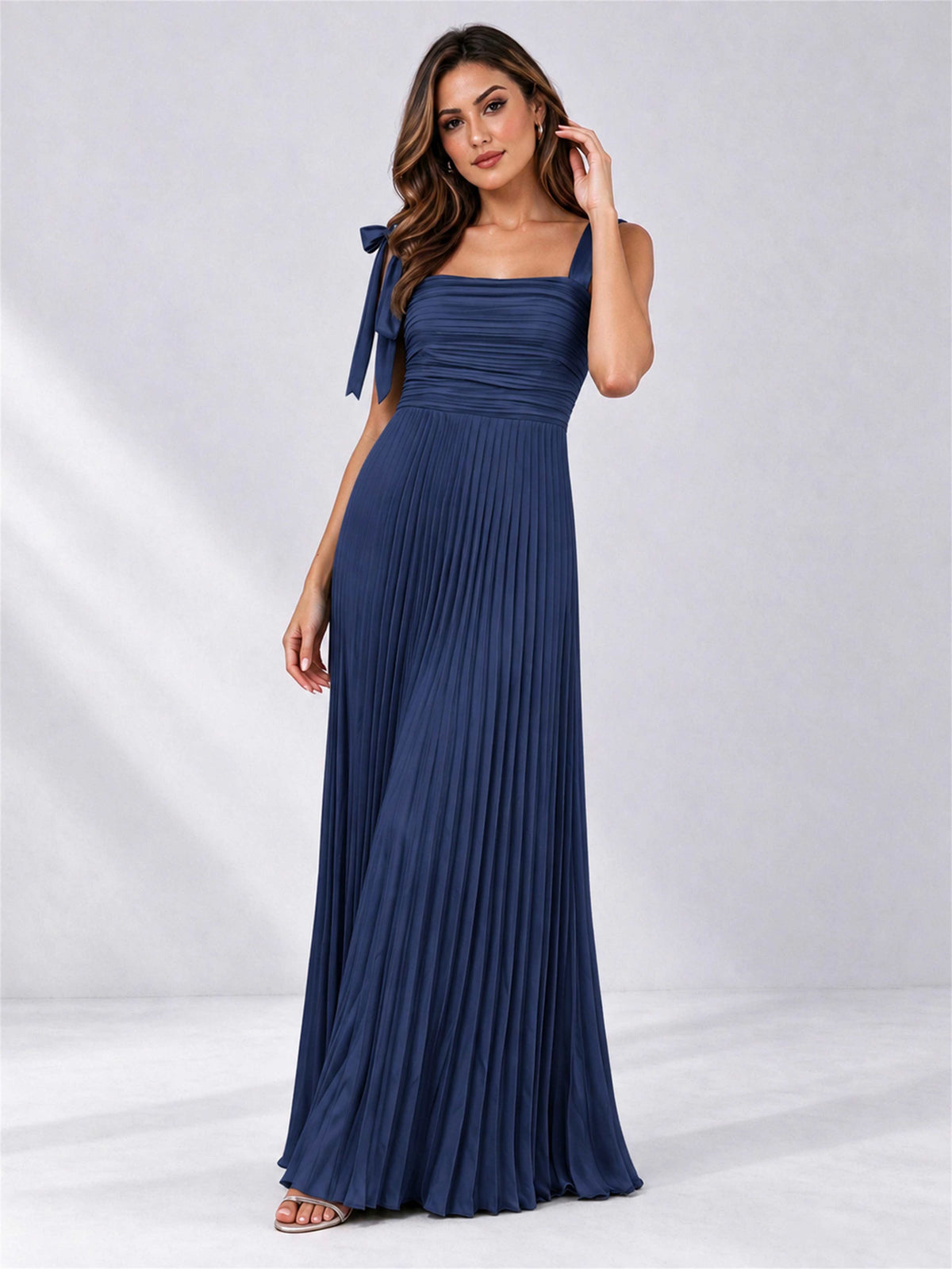 Square Neck A-Line Pleated Satin Sleeveless Floor-Length Wedding Guest Dress