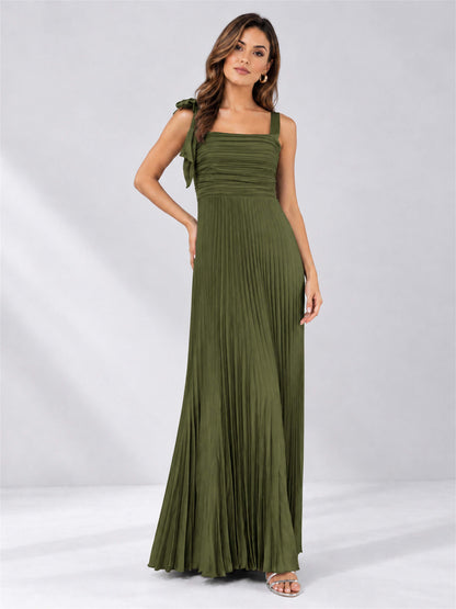 Square Neck A-Line Pleated Satin Sleeveless Floor-Length Wedding Guest Dress
